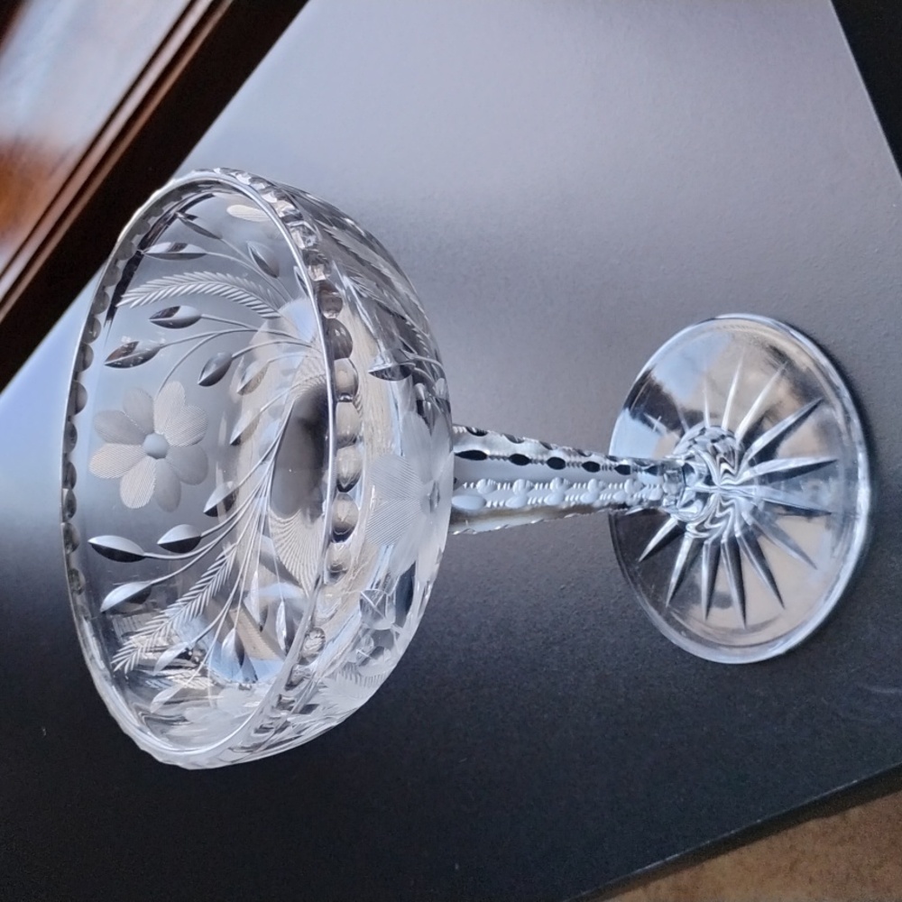 American Brilliant Period 9 3/8" Tall Compote Cut Glass Bowl Floral Leaf Pattern
